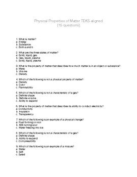 Preview of Quiz Properties of Matter  5th grade TEKS aligned