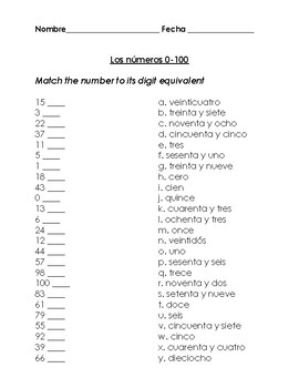 Quiz/Prueba/Worksheet Vocabulario: los números 0-100 | TPT