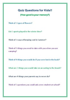 Quiz Questions For Kids Memory Skills By Achieve With Ot Tpt