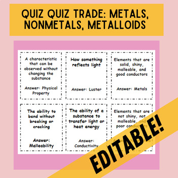 Preview of Quiz Quiz Trade Cards Metals, Nonmetals, Metalloids Editable