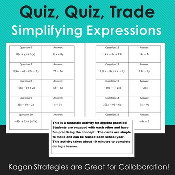 Preview of Simplifying Expressions: Quiz, Quiz, Trade