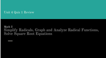 Preview of Quiz Review Simplify Radicals, Graph&Analyze Radical,Solve Square Root Equations