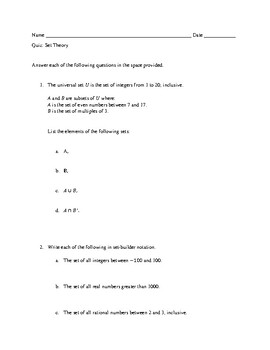 Preview of Quiz - Set Theory with Answer Key
