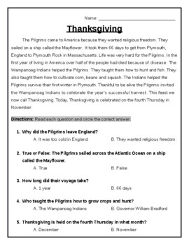Preview of Quiz: Thanksgiving Passage & 5 Multiple Choice Quiz (Editable) 