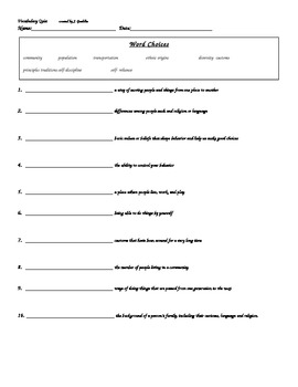 Preview of Quiz for Community and Citizenship Vocabulary - Goes with Study Guide