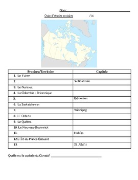 Preview of Quiz - les provinces et les capitales du Canada