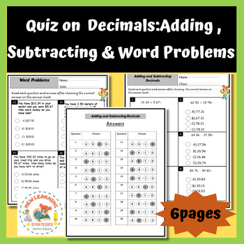 Preview of Quiz on Decimals:Adding, Subtracting, and Word Problem/Key Answers