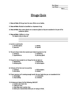 Quiz Worksheet Or Pre Assessment On Drugs And Stimulants Tpt
