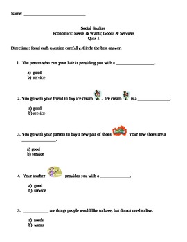Second Grade Goods and Services Economics Quiz by ...