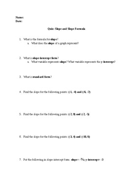 Preview of Quiz on Slope & Slope Formula