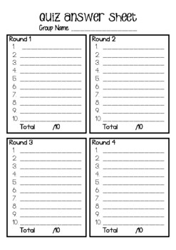 Quiz answer sheet - 8 rounds of 10 by Catherine Mason | TpT