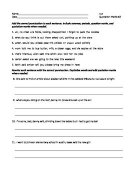 Preview of ELA QUOTATION MARKS Punctuating Direct & Indirect Quotes WORKSHEET #2 w/ Answers