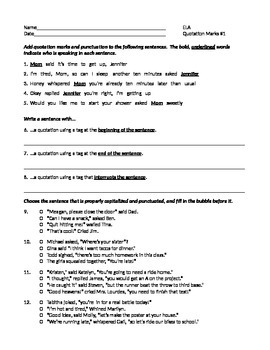 ela quotation marks punctuating direct indirect quotes worksheet 1 w answers