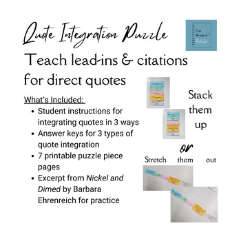 Preview of Quote Integration Puzzle: Teach lead-ins & citations for direct quotes