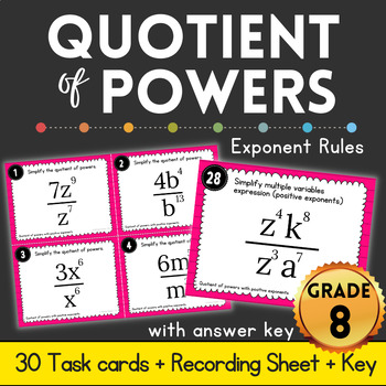 Preview of Quotient of powers property Exponent Rules Task Cards