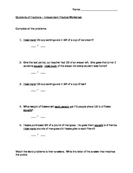 Preview of Quotients of Fractions - Modified Word Problems
