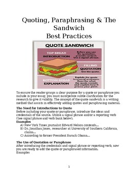 Preview of Quoting, Paraphrasing & Quote Sandwich -- Best Practices lessons and exercises