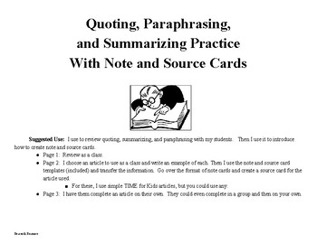 Preview of Quoting, paraphrasing, summarizing practice with source and note card practice.