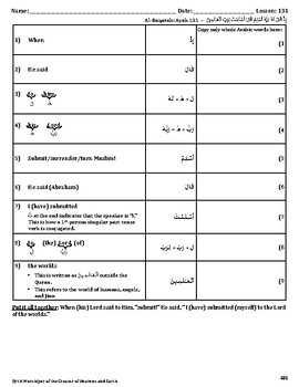 Quran Lesson-131 Worksheet, Al-Baqarah, Ayah 131 by Classroom Quran ...
