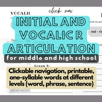 Preview of R  Articulation (initial/vocalic) Speech Therapy for Middle & High School