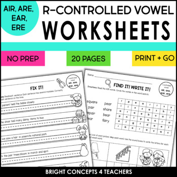 Preview of R-Controlled Vowels AIR, ARE, EAR, ERE Worksheets and Word Work