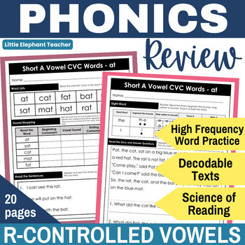 Preview of R-Controlled Vowels Decodable Passages Comprehension Questions Phonics Review