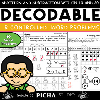 Preview of R Controlled Vowels Decodable Word Problems Add and Sub Within 10 and 20