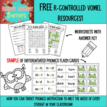 Preview of R-Controlled Vowels (ER, IR, UR) Phonics Flash Cards, Fun Practice Worksheets