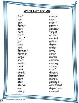 R Controlled Vowels List Letter