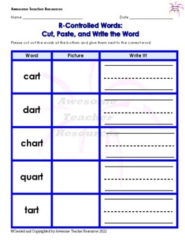 Preview of R-Controlled Words: Cut, Paste & Write Worksheet