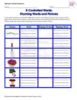 Preview of R-Controlled Words: Rhyming Words Worksheet