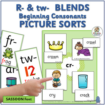 Preview of R & tw  Beginning Blends Picture Sort for Blending Sounds - SASSOON Font