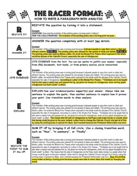 Preview of RACER Format Aide for Writing (How To Write A Paragraph With Analysis)