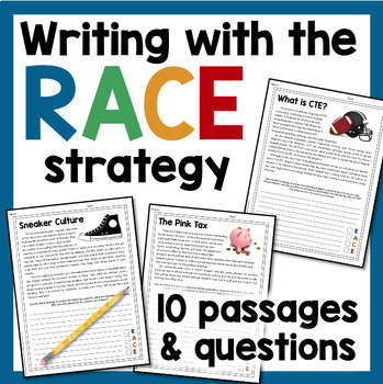Preview of RACE Strategy Practice Worksheets : 10 RACE Writing Prompts Text Evidence