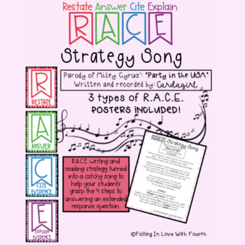 Preview of RACE (Written Response) Strategy Educational Parody Song--Lyrics & Posters