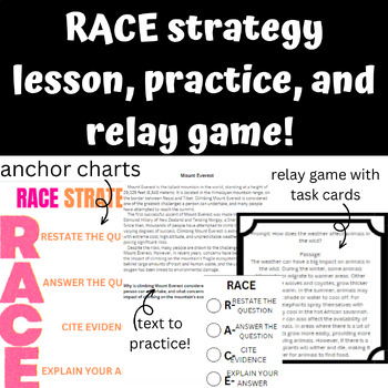 Preview of RACE reading strategy lesson, practice, anchor charts, relay game and more!
