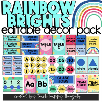 Preview of RAINBOW BRIGHTS Theme Classroom Decor Pack EDITABLE Set Bundle Star Heart Sun