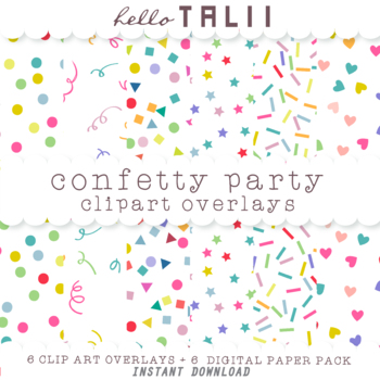 Preview of RAINBOW CONFETTI Clipart Overlays- 6 Transparent PNG + 6 Digital Papers