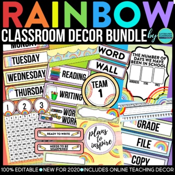 Preview of RAINBOW Classroom Decor Bundle Theme Decoration Editable happy colorful diverse