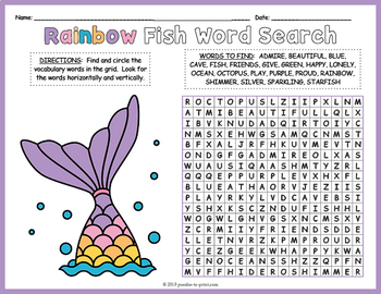 rainbow fish word search coloring page worksheet activity by puzzles to print