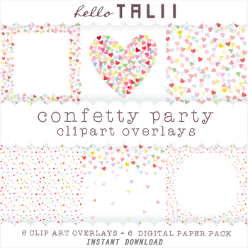 Preview of RAINBOW HEARTS CONFETTI Clipart Overlays- Transparent PNG + JPG Digital Papers