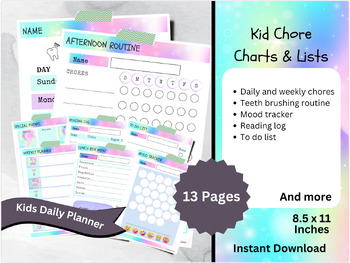Preview of RAINBOW Organization Charts, Printable Chore Charts Kids, Daily Planner
