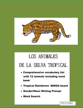 Preview of RAINFOREST ANIMALS BINGO-Animales de la Selva-Writing Prompt