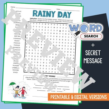 Preview of RAINY DAY Word Search Puzzle Activity Vocabulary Worksheet With Secret Message