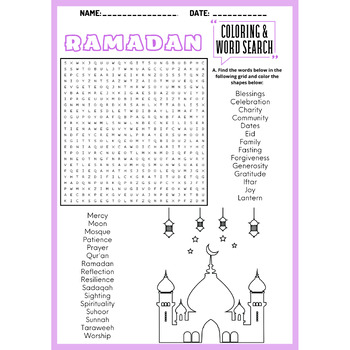RAMADAN coloring & word search puzzle worksheets activity | TPT