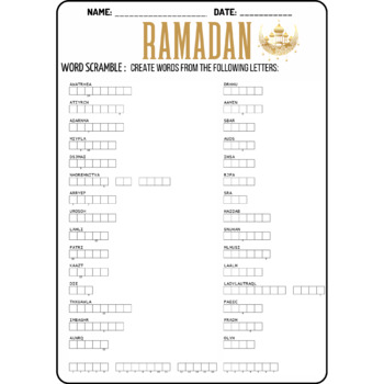 RAMADAN word scramble puzzle worksheets activities, HAPPY RAMADAN KARIM