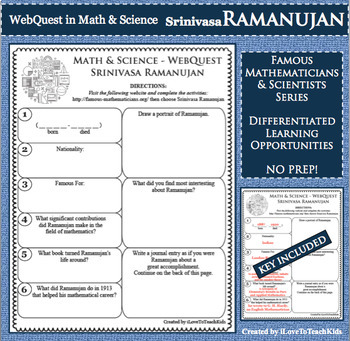 Preview of RAMANUJAN Math Science WebQuest Research Project Biography Graphic Organizer