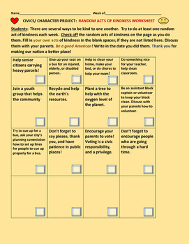 Preview of RANDOM ACTS OF KINDNESS ACTIVITY WORKSHEET