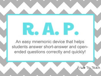 Preview of RAP poster/bookmark: mnemonic for short answer, open-ended, and citing evidence