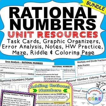 Preview of RATIONAL NUMBERS BUNDLE Task Cards, Error Analysis, Problem Solving, HW, Notes